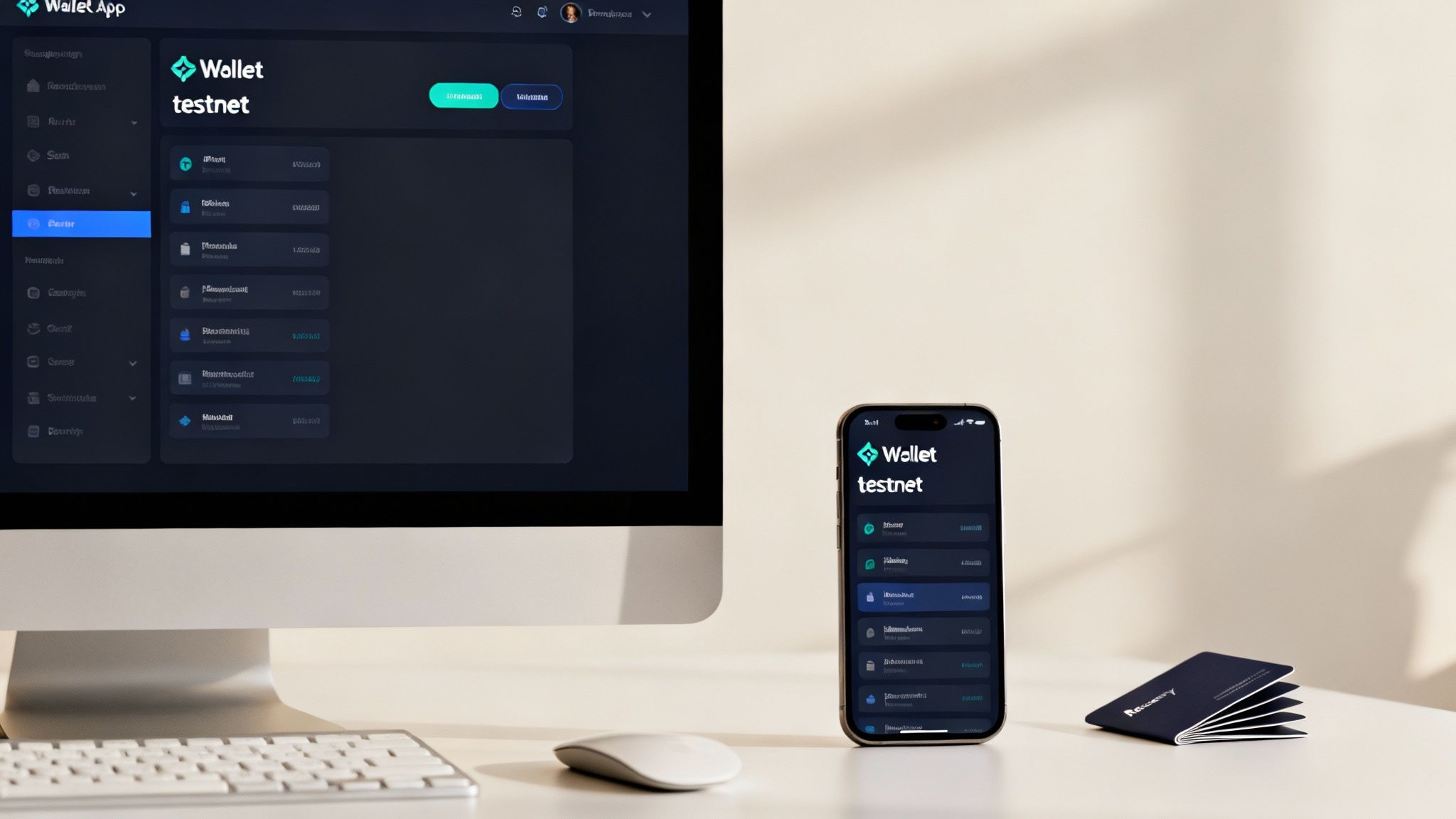 Crypto wallet testnet app on a desktop monitor and a smartphone, with a recovery booklet.