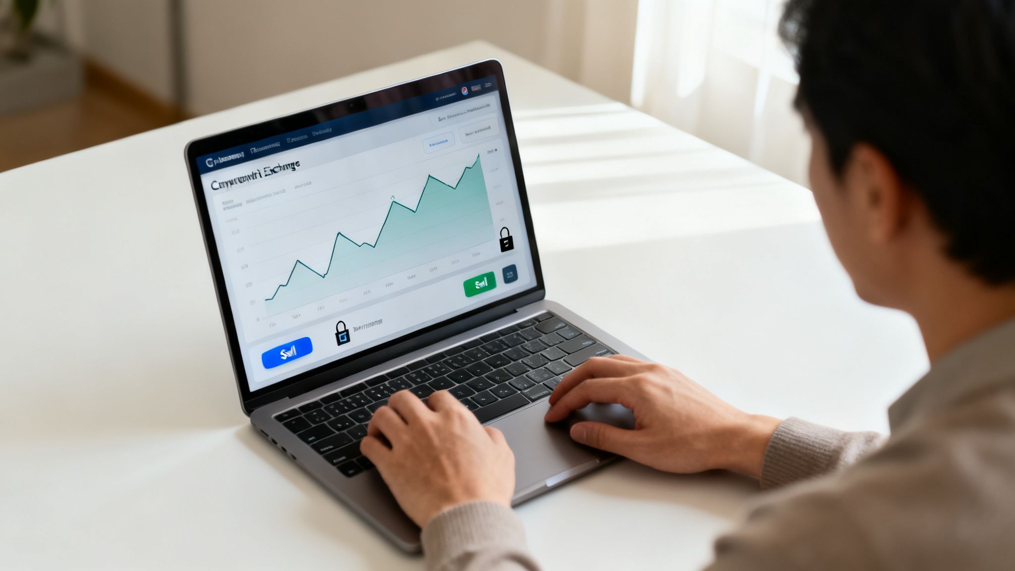 Person typing on a laptop, viewing a cryptocurrency exchange graph with buy and sell options.