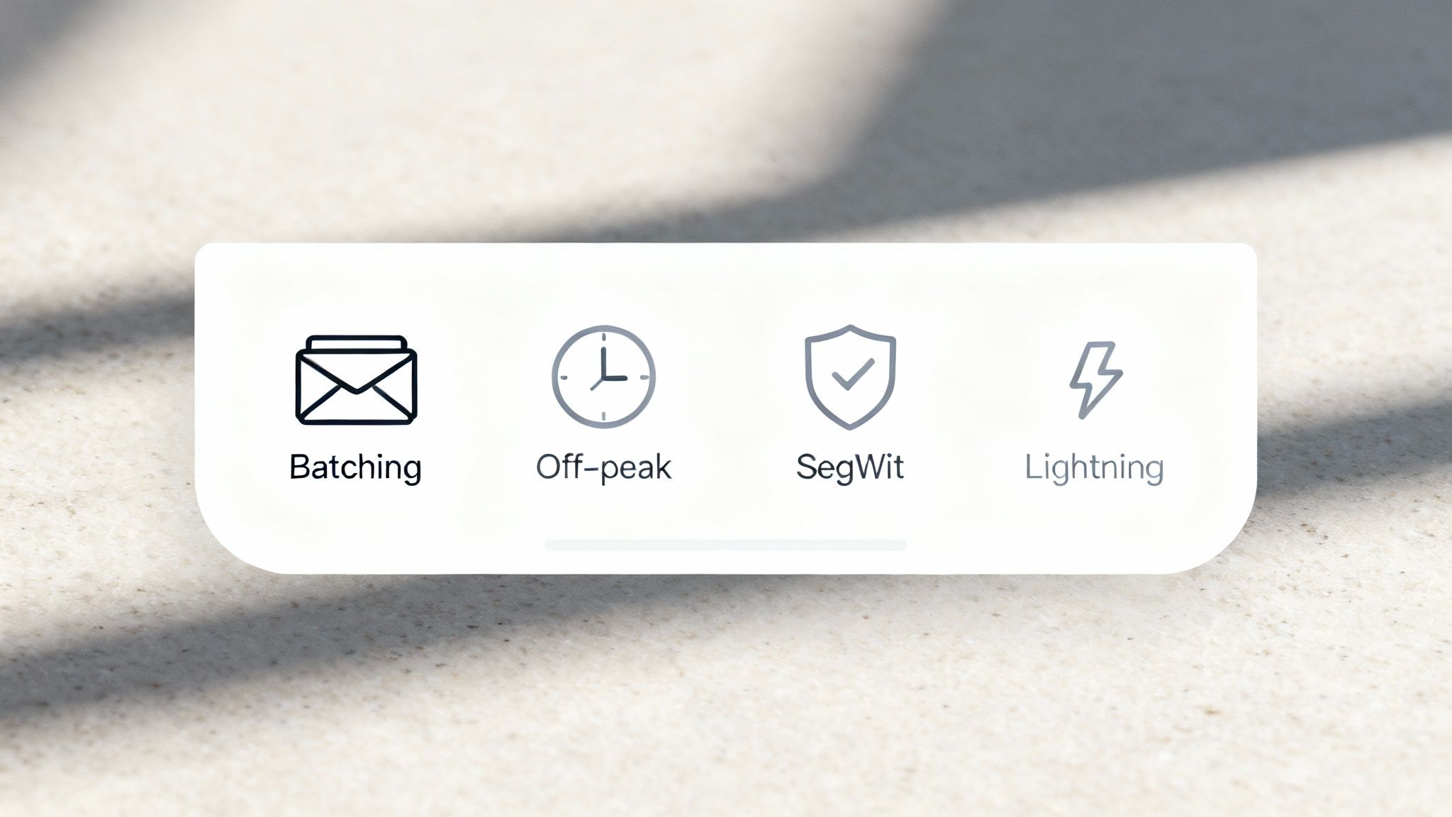 Four icons on a white card representing crypto transaction features: Batching, Off-peak, SegWit, and Lightning.