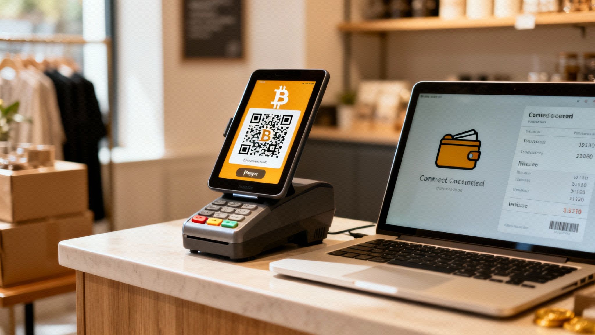 A retail counter displays a Bitcoin QR payment on a tablet and a crypto invoice on a laptop.