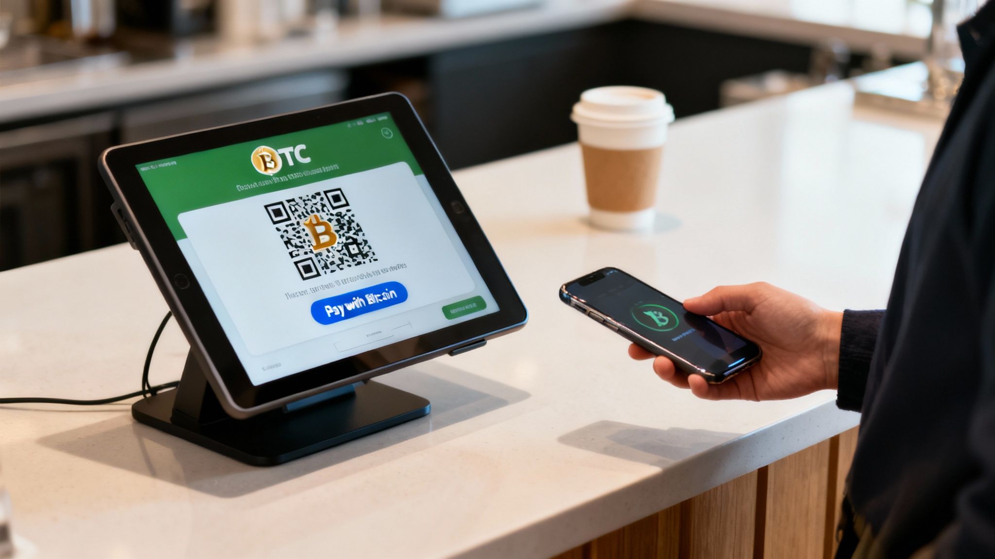 A person holds a smartphone to pay with Bitcoin by scanning a QR code on a tablet.