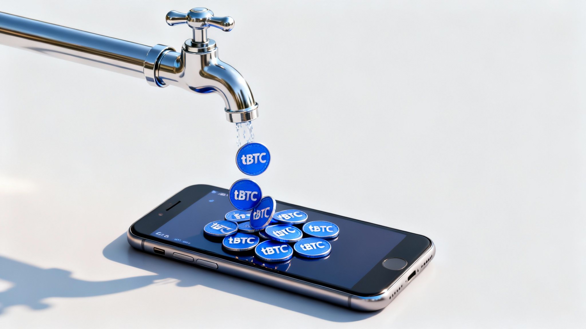 tBTC coins falling from a chrome faucet onto a smartphone screen, symbolizing cryptocurrency flowing into a mobile wallet.