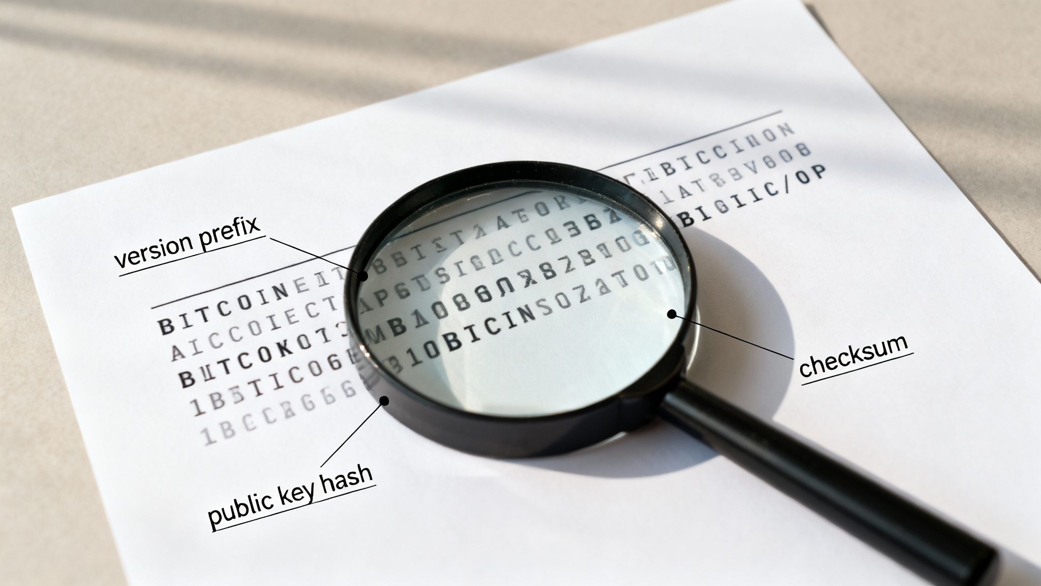 A magnifying glass on a document explaining the components of a Bitcoin wallet address: version prefix, public key hash, and checksum.