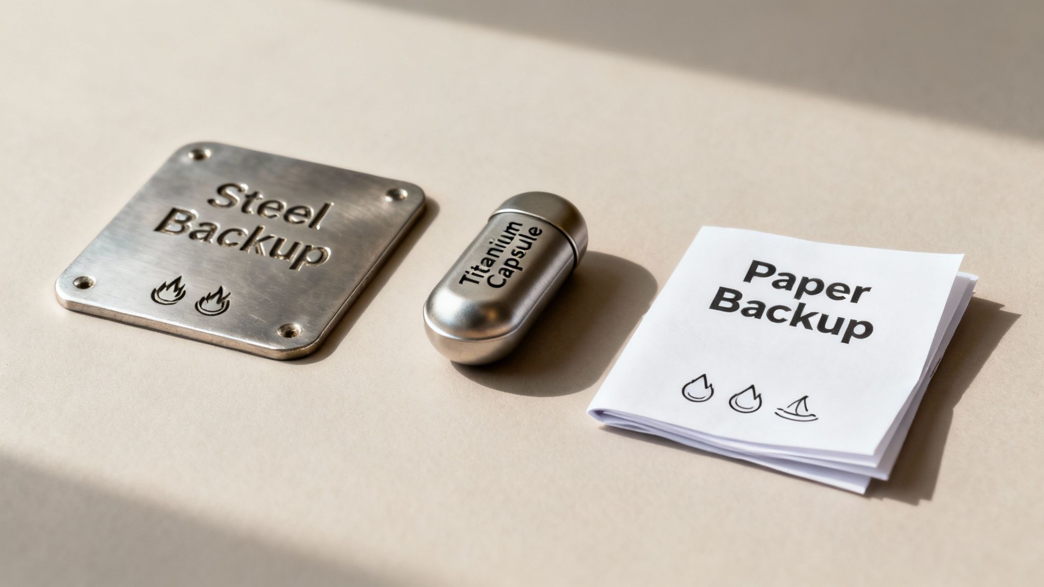 Three secure backup solutions: a steel plate, a titanium capsule, and paper for crypto seed phrases.