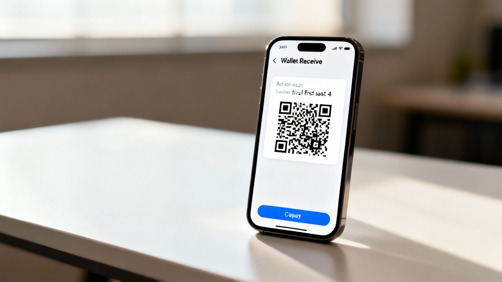 A smartphone displays a crypto wallet receive screen with a QR code and address on a table.