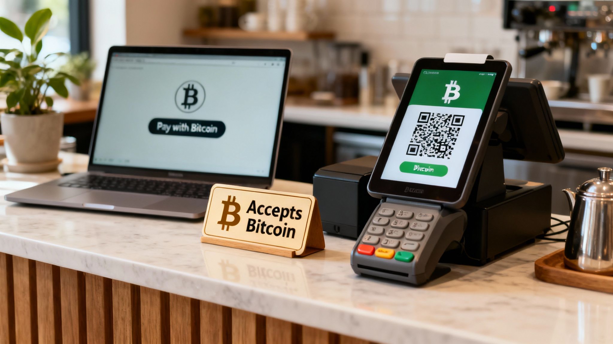 A cafe counter displaying a laptop, POS terminal, and sign, all indicating Bitcoin payment acceptance.