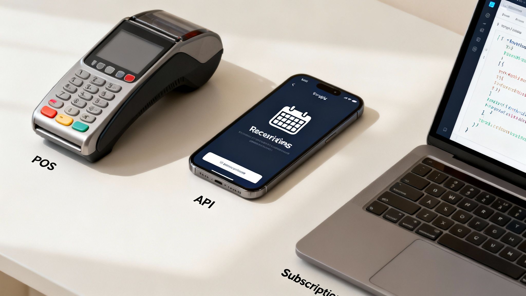 A POS terminal, smartphone with a recurrings app, and laptop displaying code for digital services.