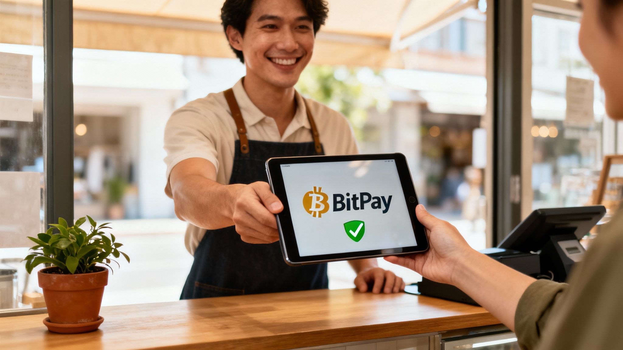 Smiling barista holds out a tablet with the BitPay logo for a customer to complete a crypto payment.