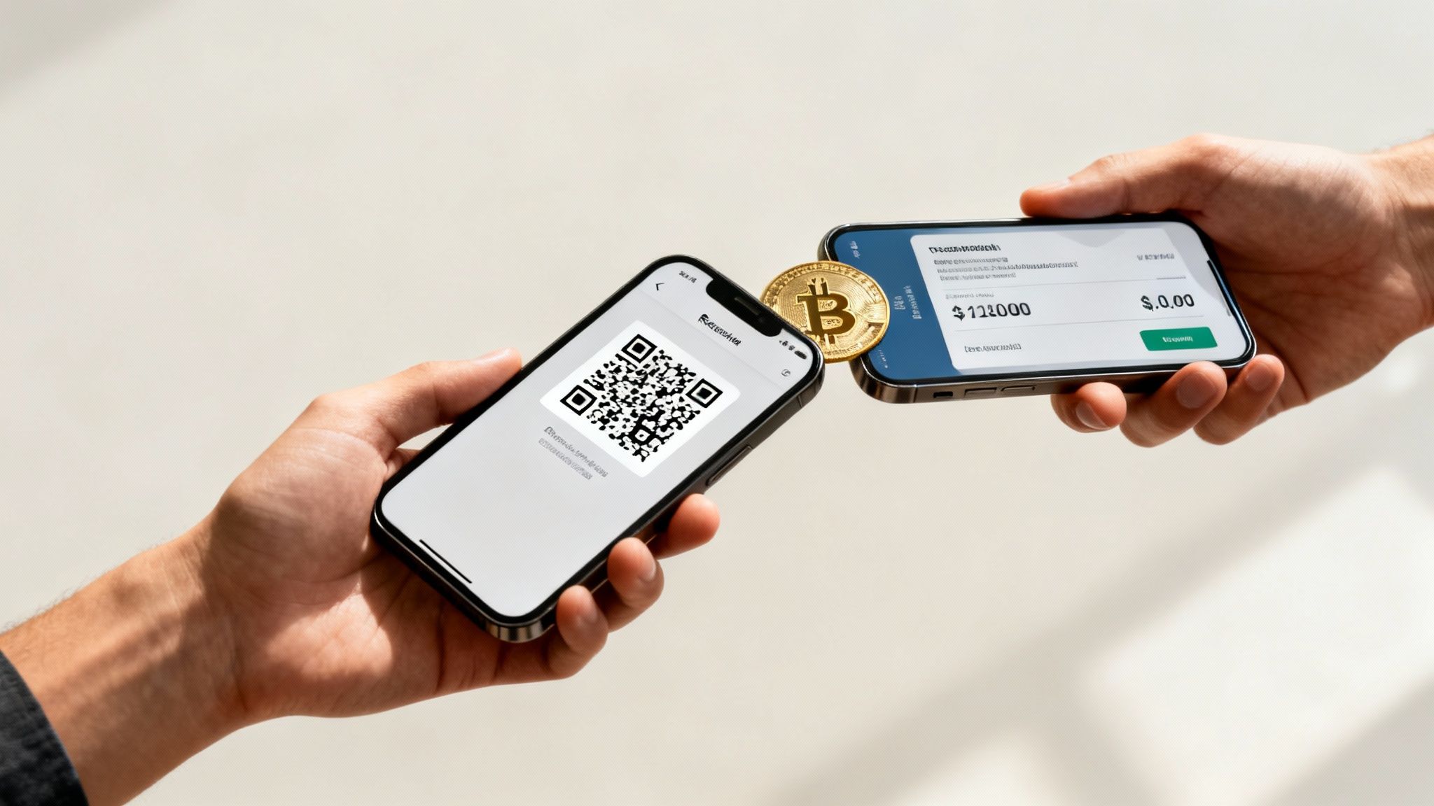 Two hands holding smartphones, one with a QR code, facilitating a Bitcoin crypto payment.