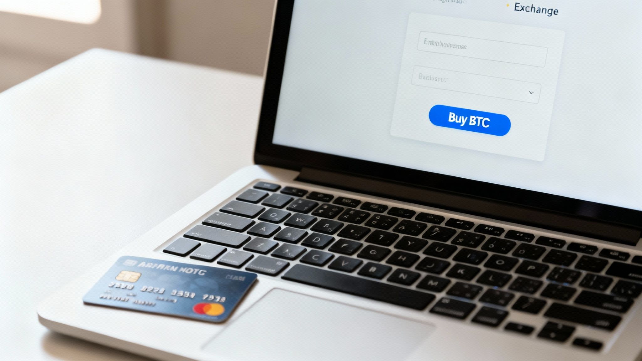 A person using a laptop to buy Bitcoin on a cryptocurrency exchange website.