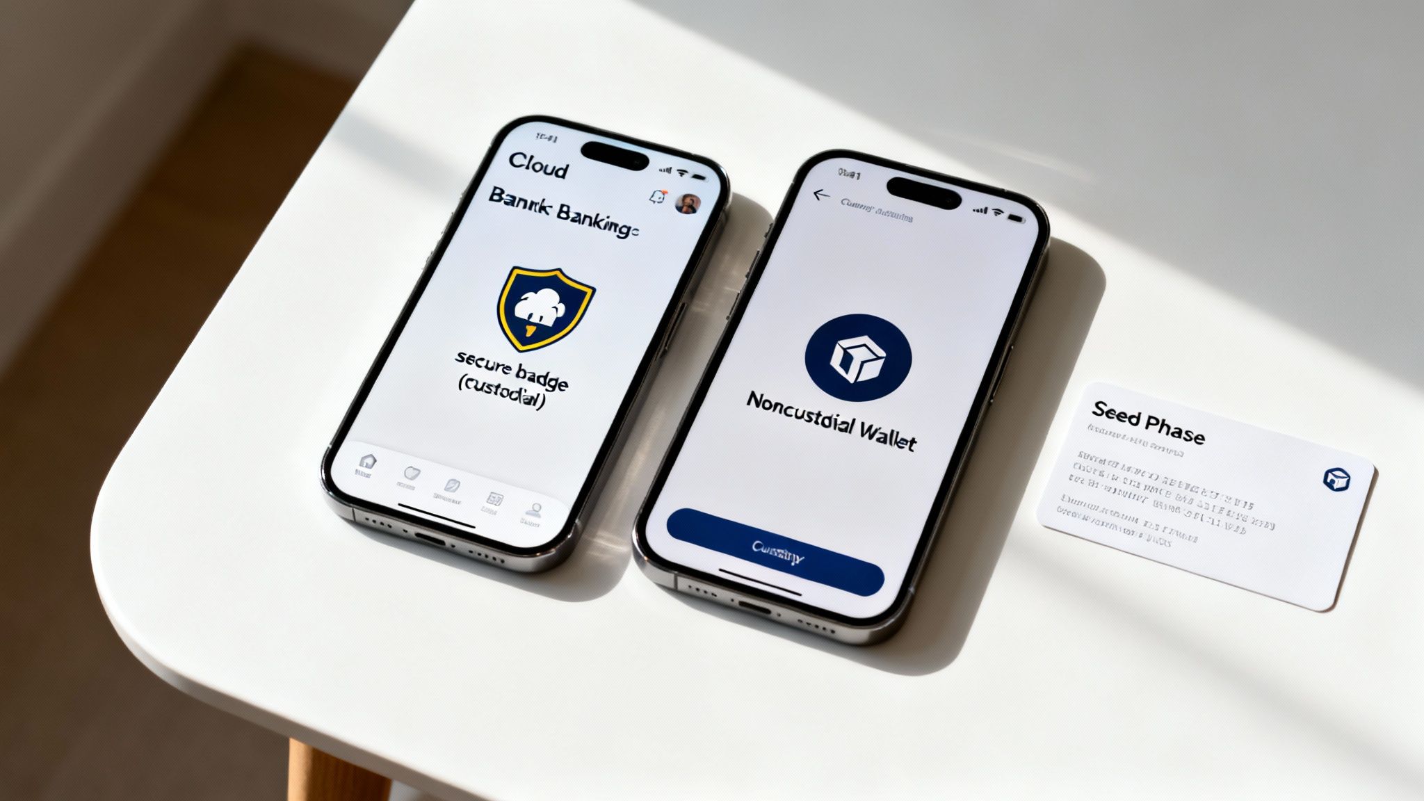 Two smartphones display custodial banking and a noncustodial crypto wallet app, next to a seed phrase card.