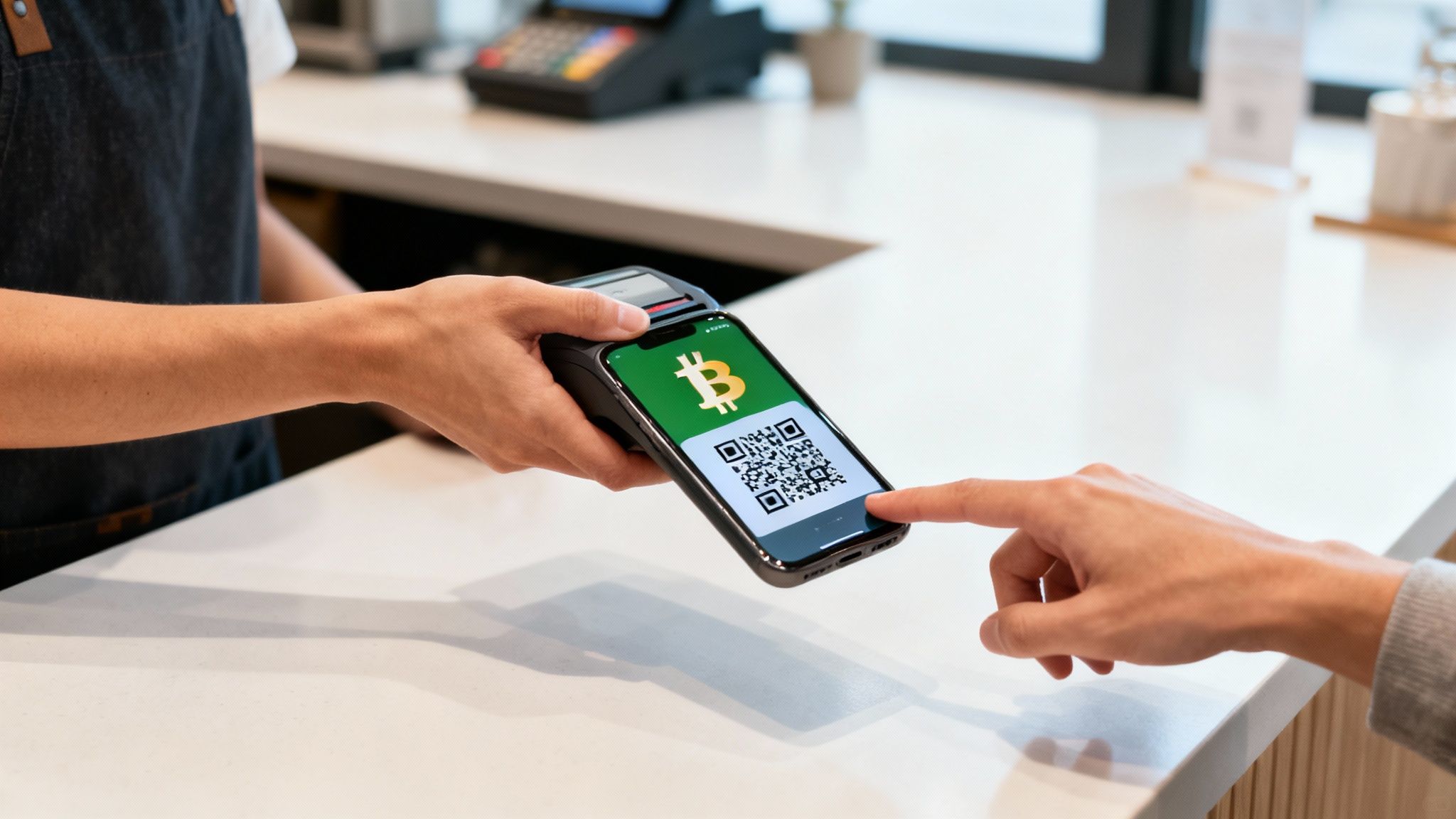 A customer pays with Bitcoin using a smartphone and QR code at a payment terminal.