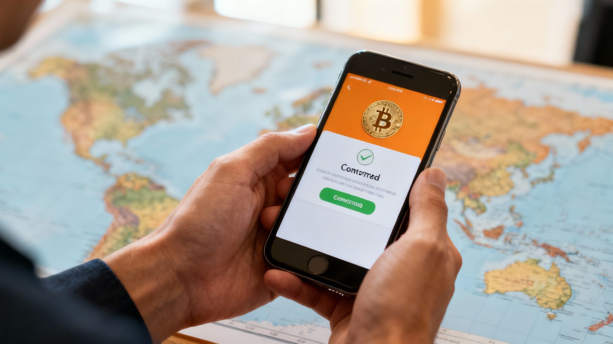 Hands holding a smartphone displaying a confirmed Bitcoin transaction over a world map.