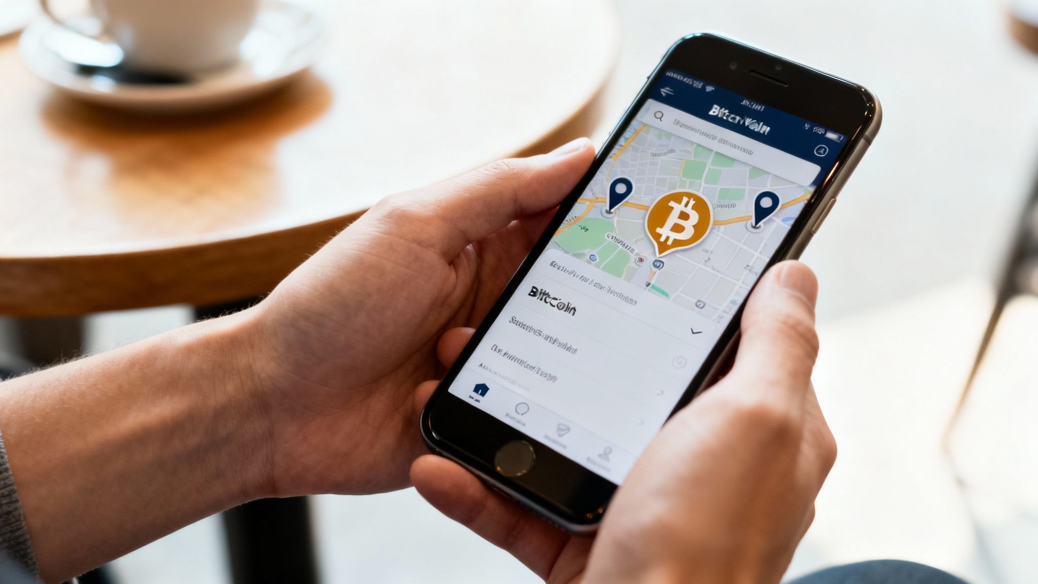 Hands holding a smartphone showing a map app with Bitcoin locations and a Bitcoin wallet.