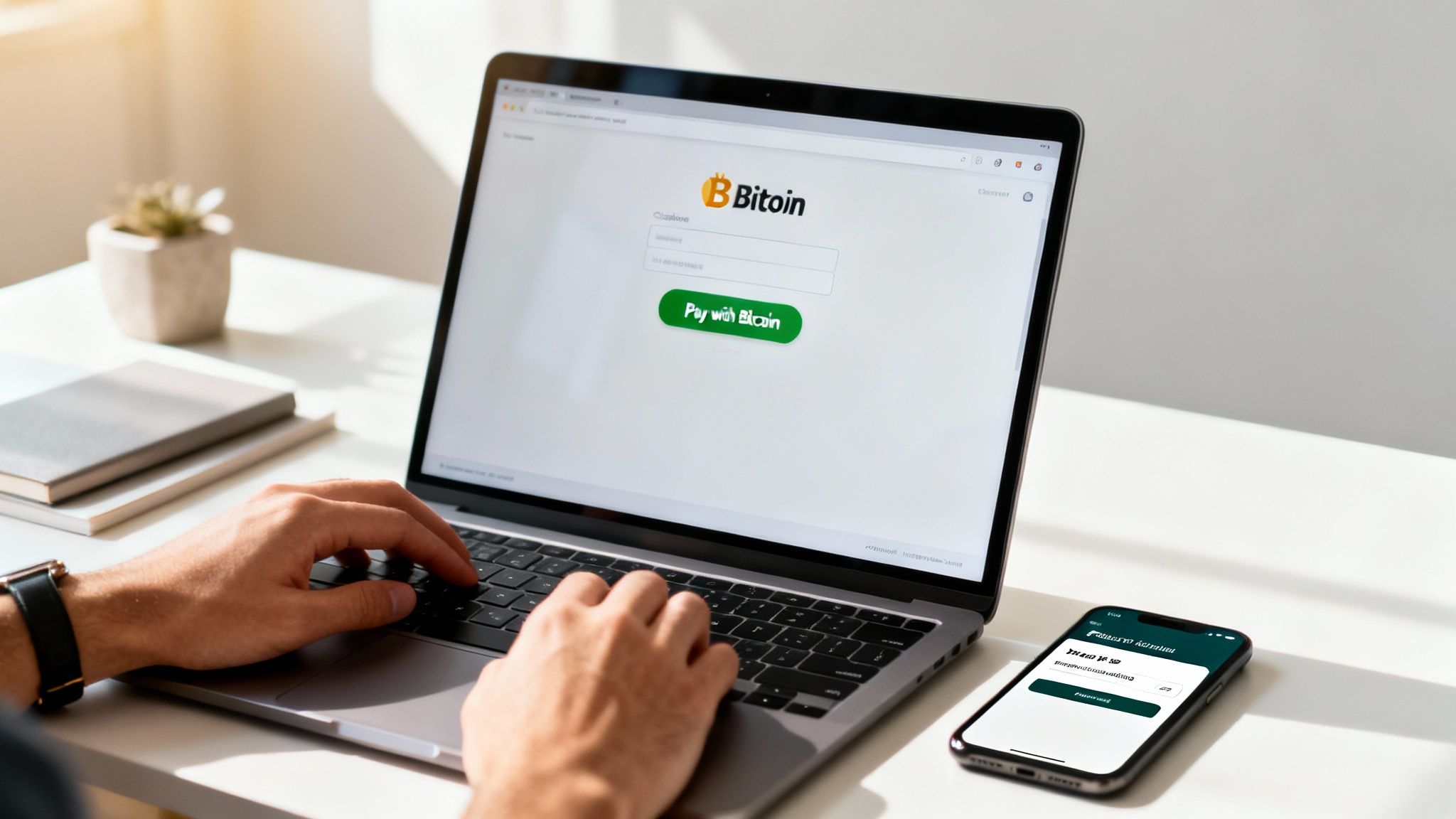 A person is typing on a laptop displaying a 'BitCoin' payment gateway, with a smartphone nearby.