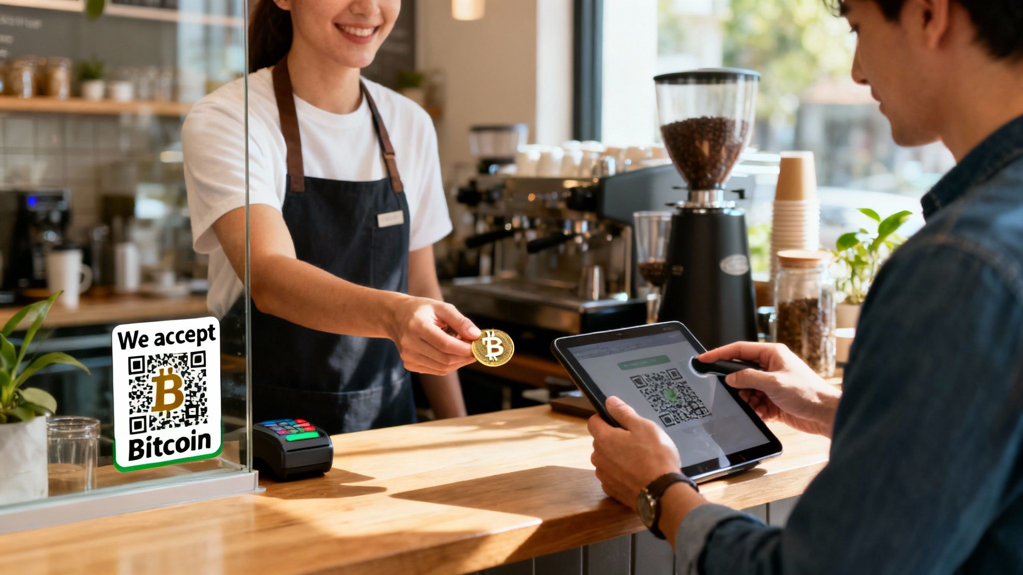 A customer pays a barista with Bitcoin using a tablet and a QR code in a coffee shop.