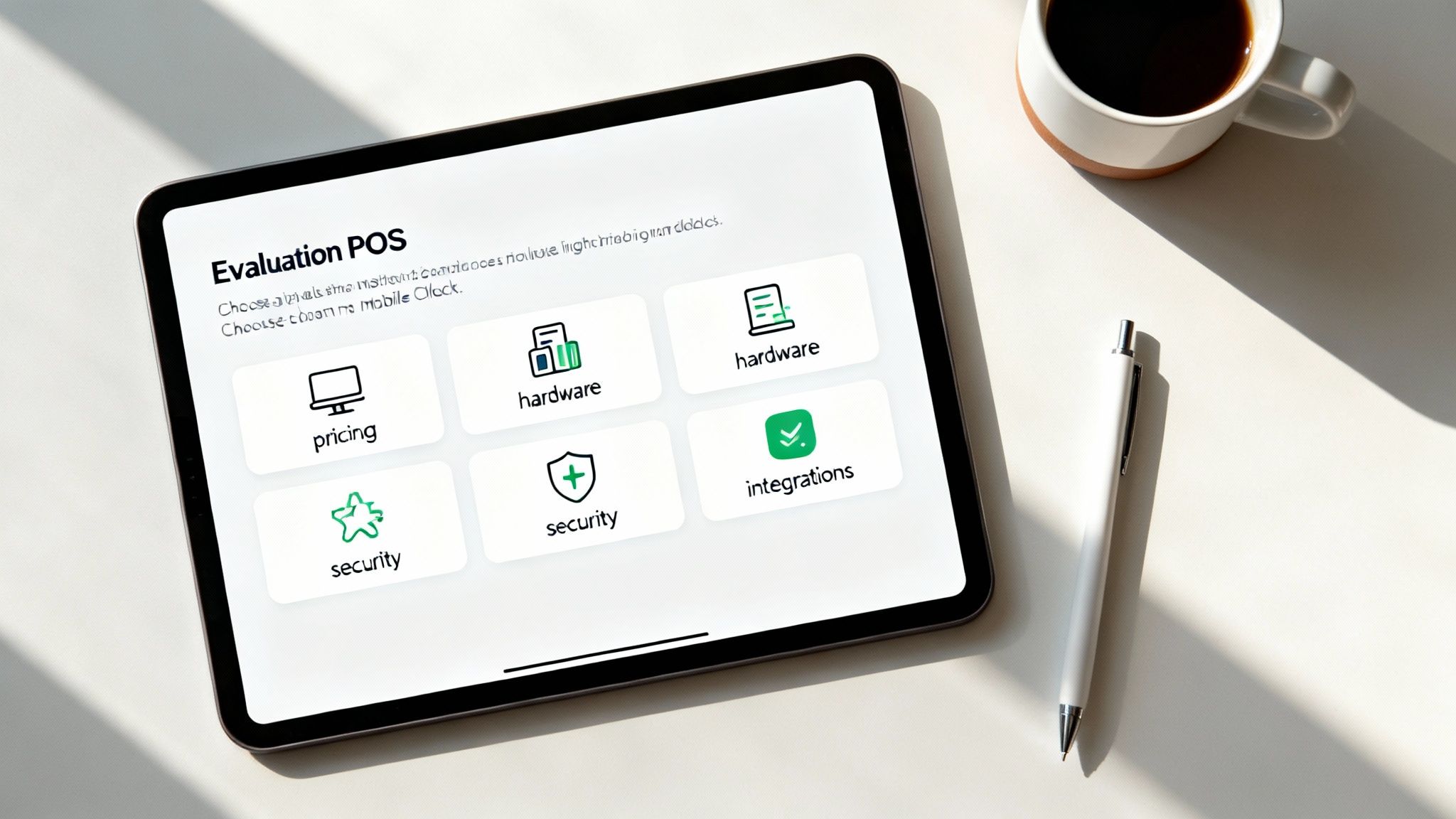 A tablet displays an 'Evaluation POS' app with options for pricing, hardware, security, and integrations on a white desk.