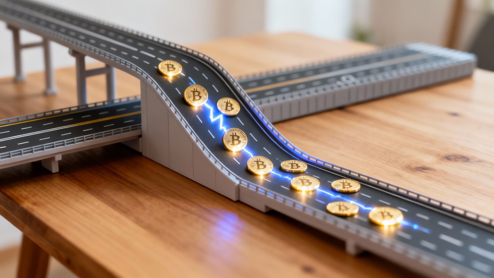Golden Bitcoin coins on a miniature highway with a blue lightning bolt representing fast transactions.