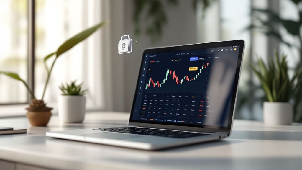 People looking at cryptocurrency charts on a large screen, discussing options.