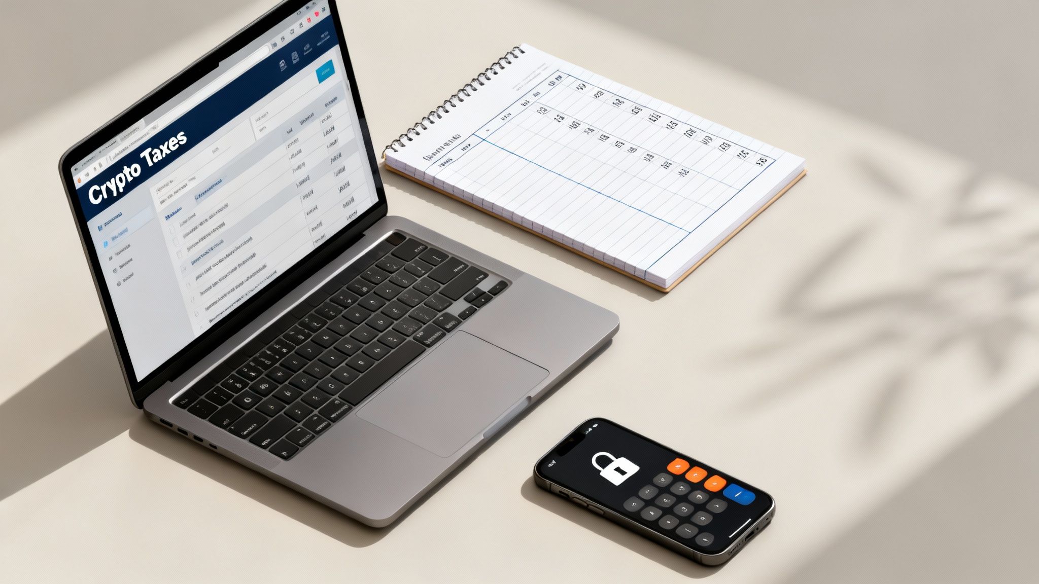 Laptop displaying 'Crypto Taxes' software, alongside a financial notebook and a secure smartphone calculator.