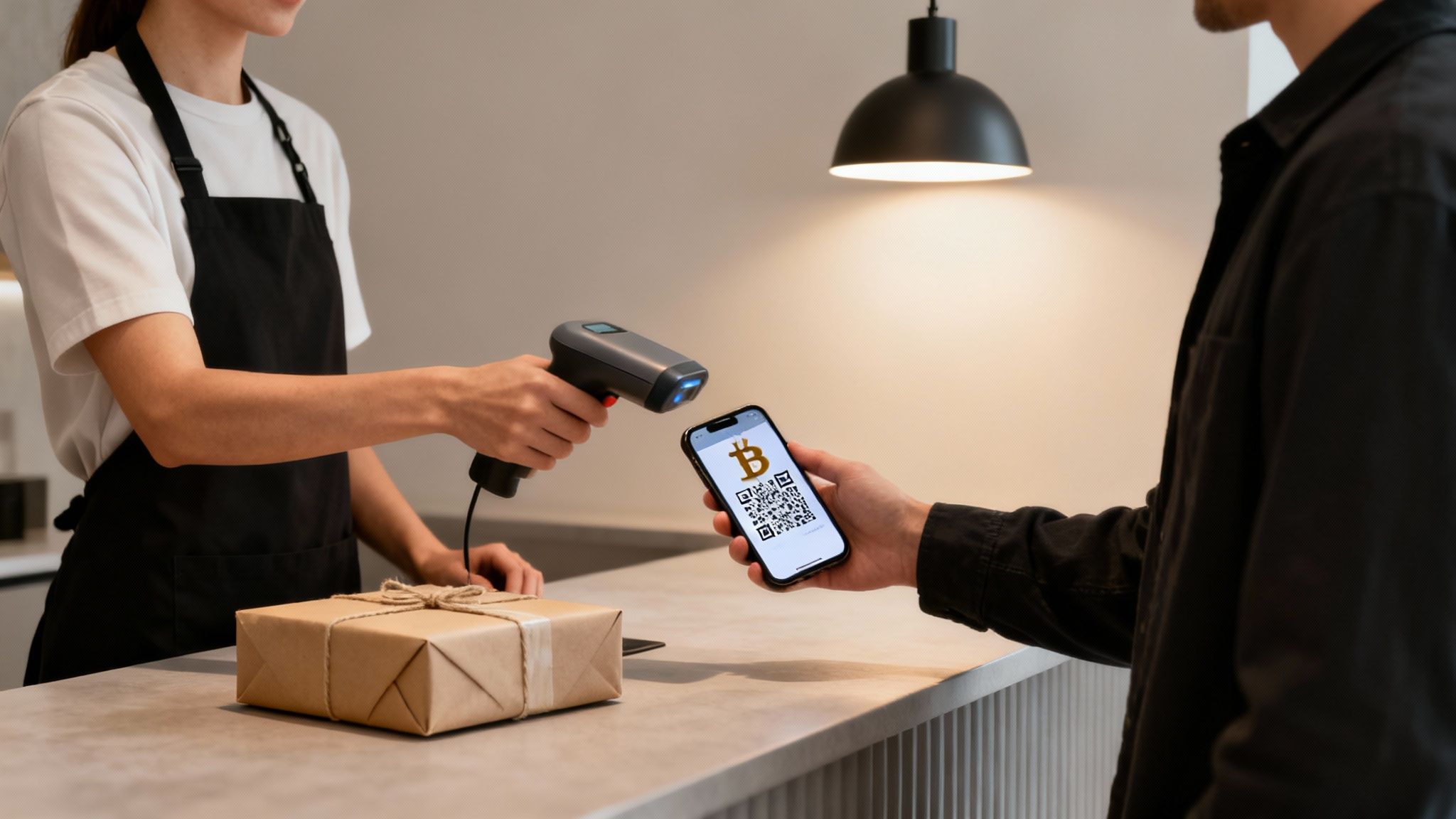 A store employee scans a customer's phone showing a Bitcoin QR code for a cryptocurrency payment.