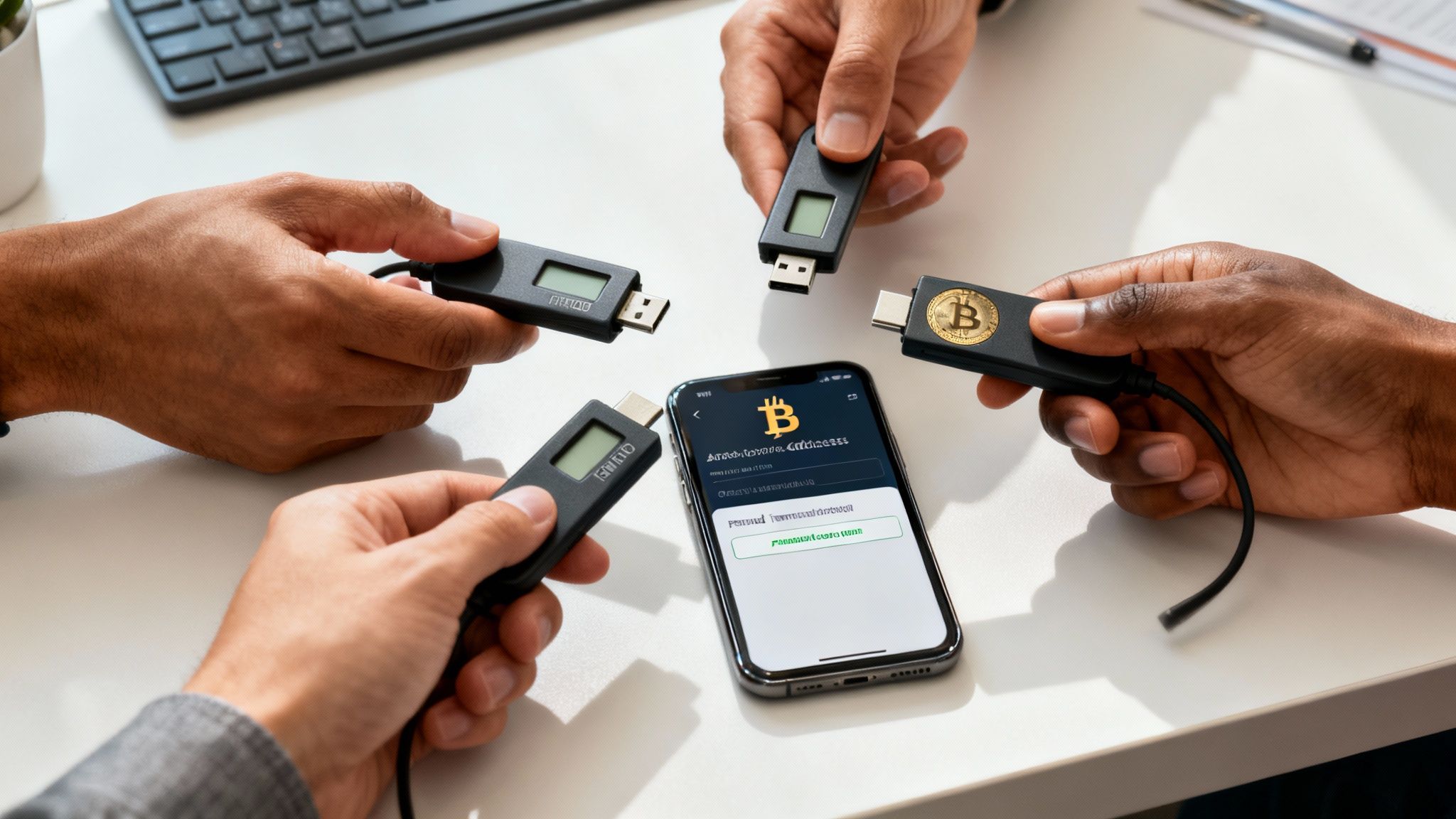 Multiple hands holding hardware cryptocurrency wallets around a smartphone with a Bitcoin app on a white table.