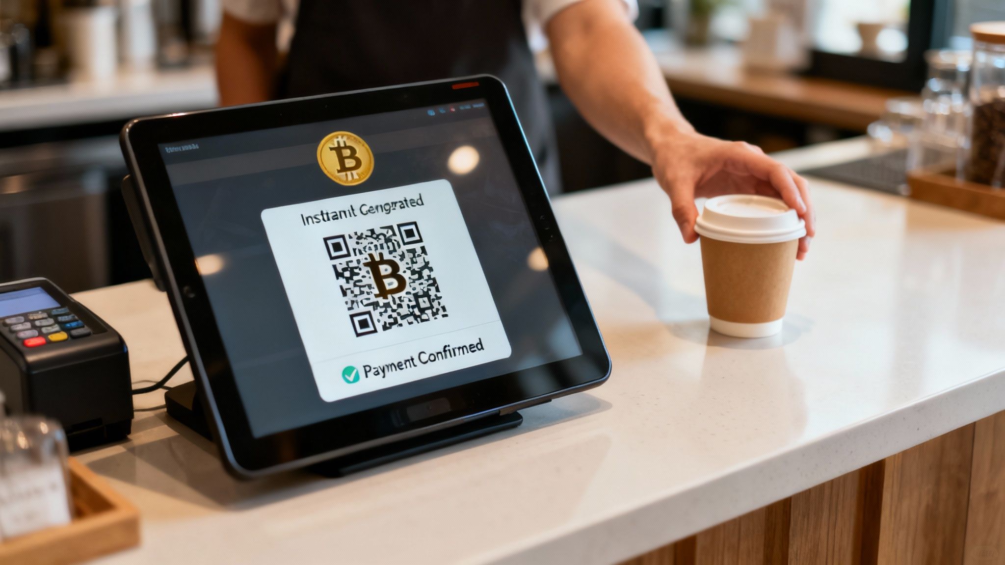 A cashier at a coffee shop using a tablet-based point-of-sale system to generate a Bitcoin QR code for a customer.