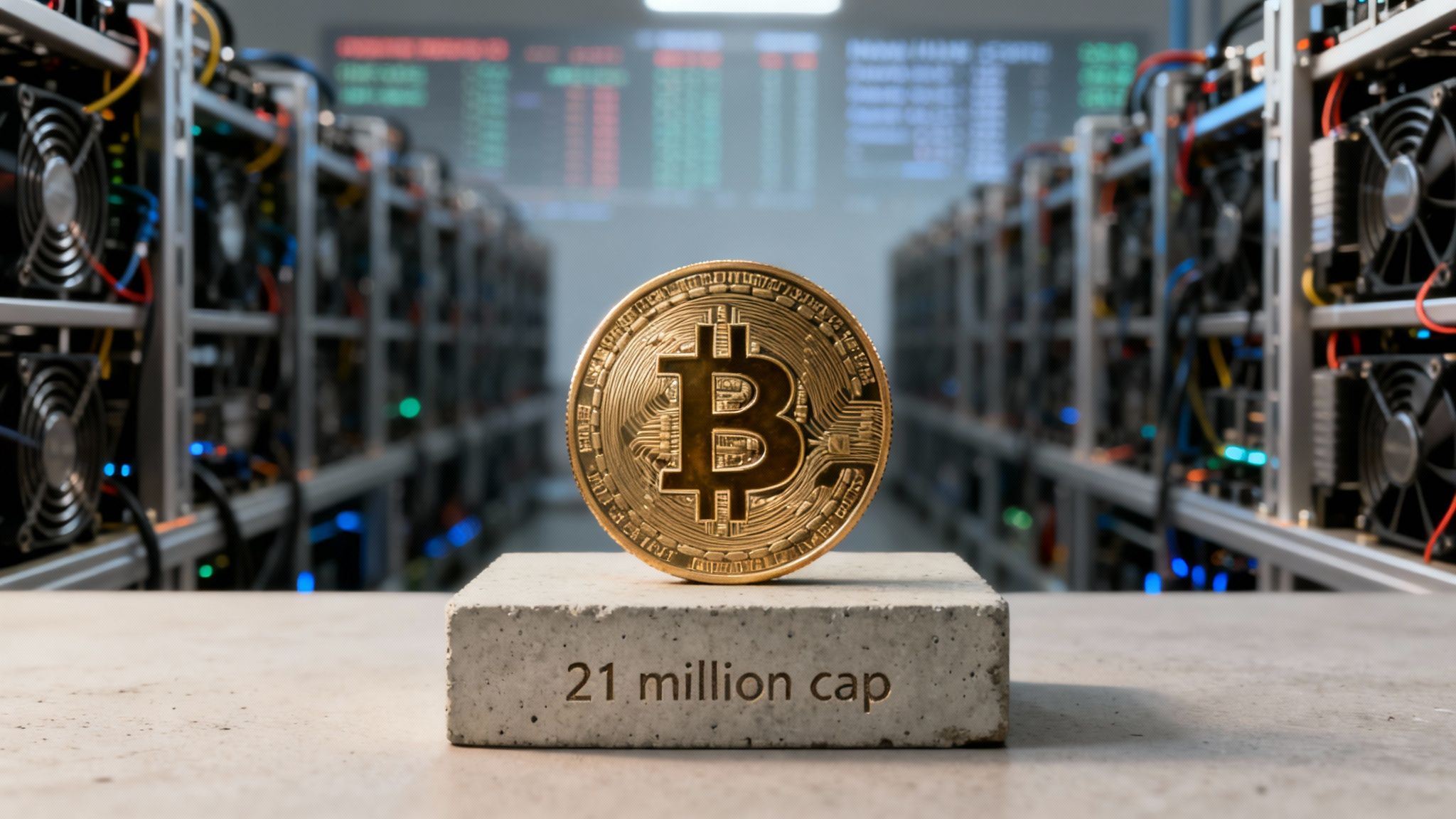 A gold Bitcoin coin on a concrete block with '21 million cap' in a crypto mining farm.