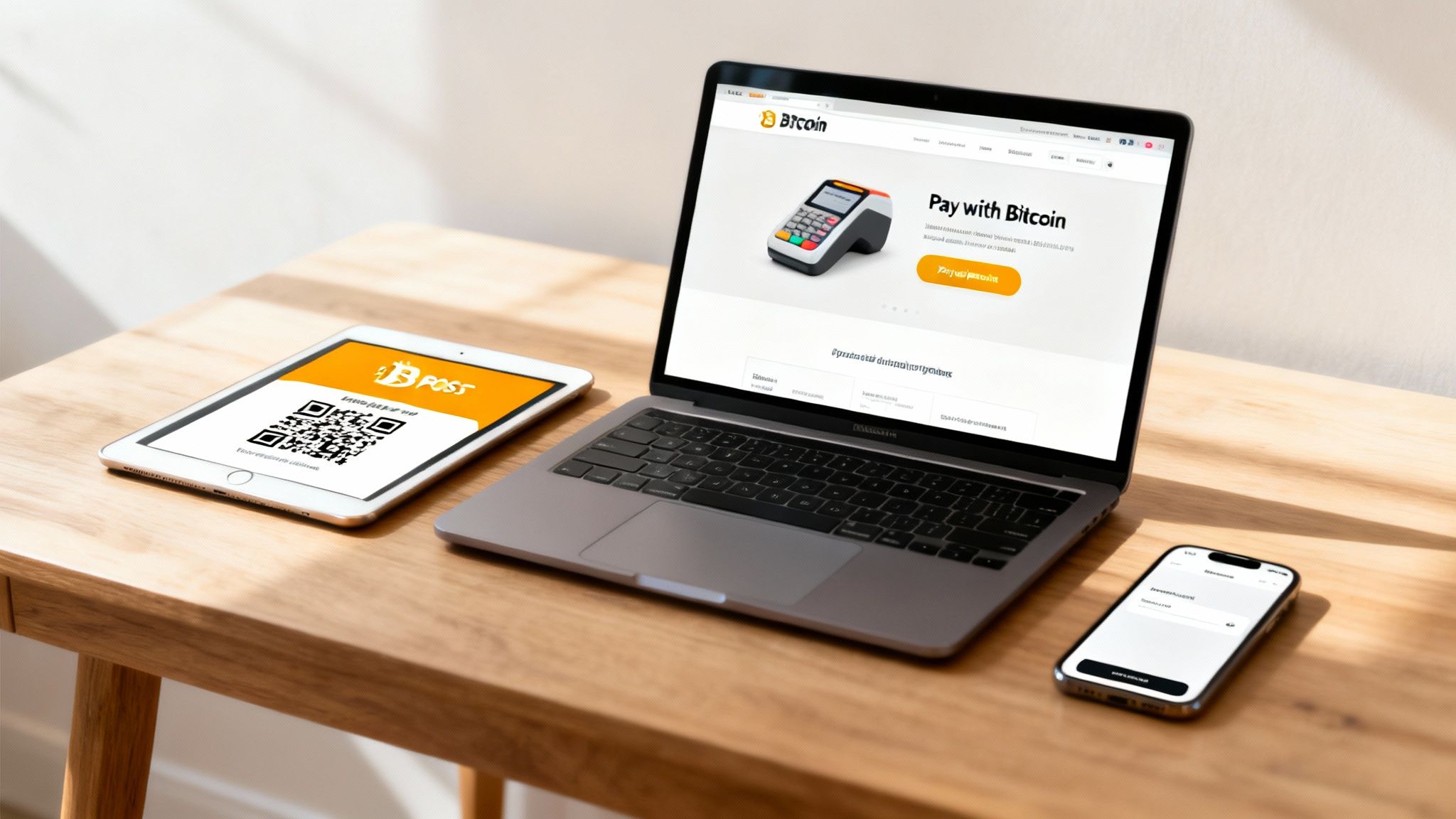 Laptop, tablet, and smartphone displaying cryptocurrency payment interfaces on a wooden desk.