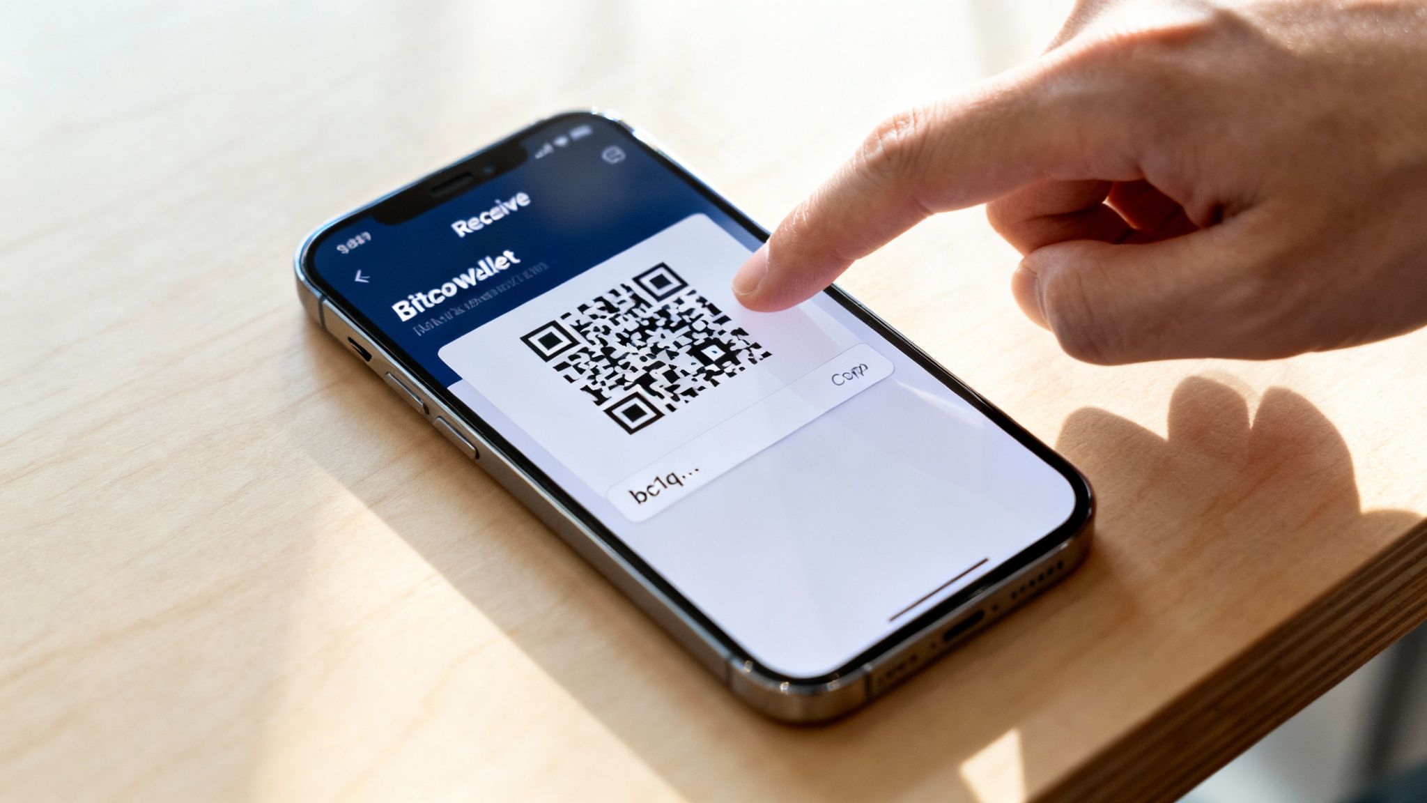 A person's finger taps a smartphone screen displaying a cryptocurrency wallet QR code for receiving funds.