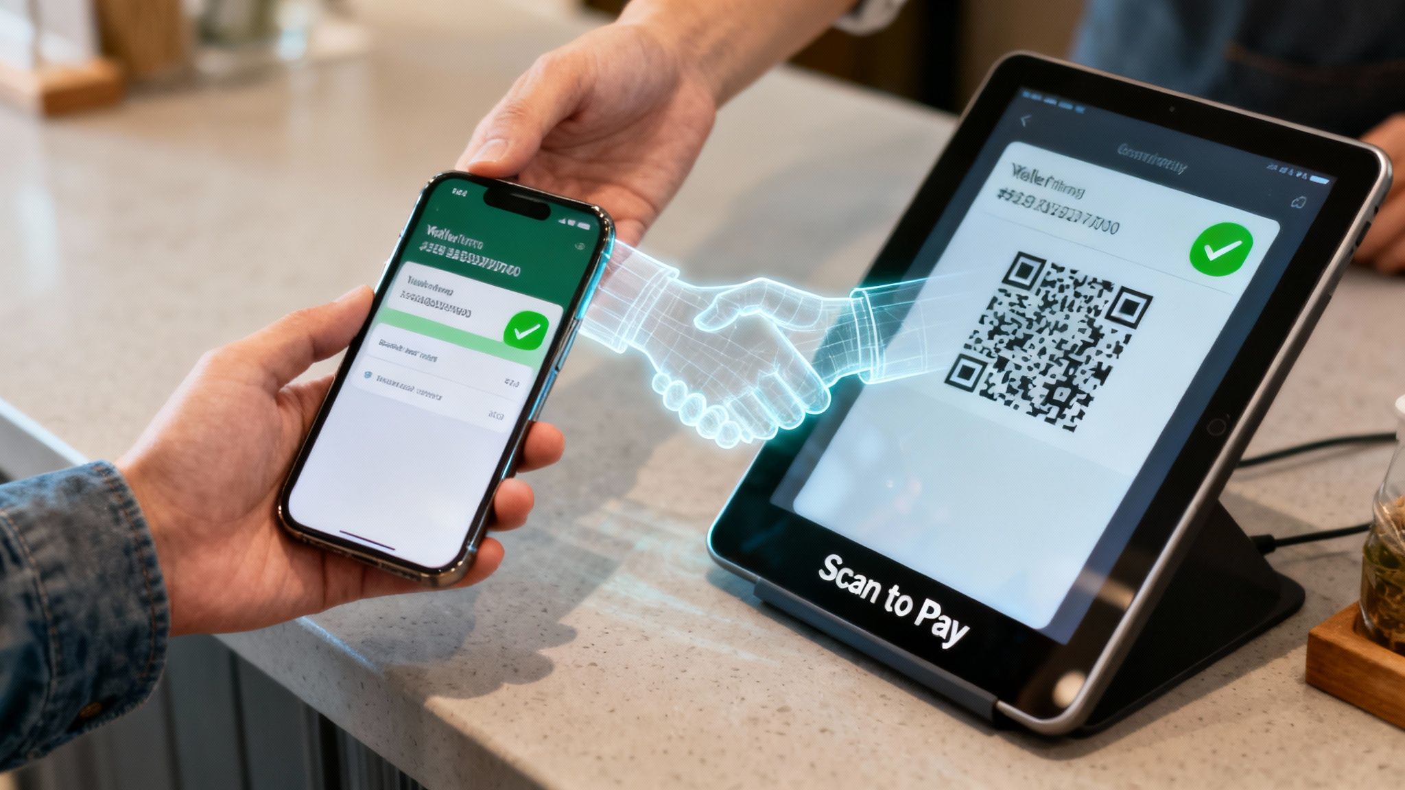A person uses a smartphone for a digital transaction with a tablet showing a QR code and a glowing handshake.