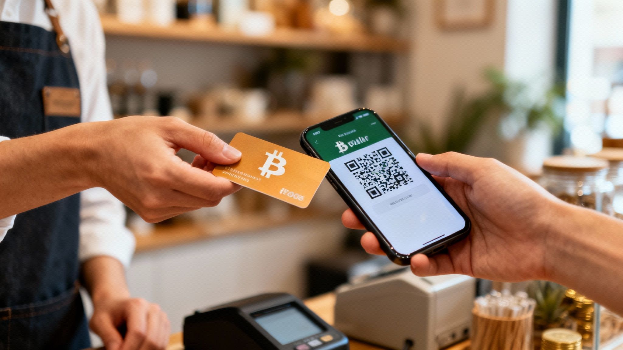 Customer making a digital payment using a Bitcoin card and scanning a QR code on a smartphone.
