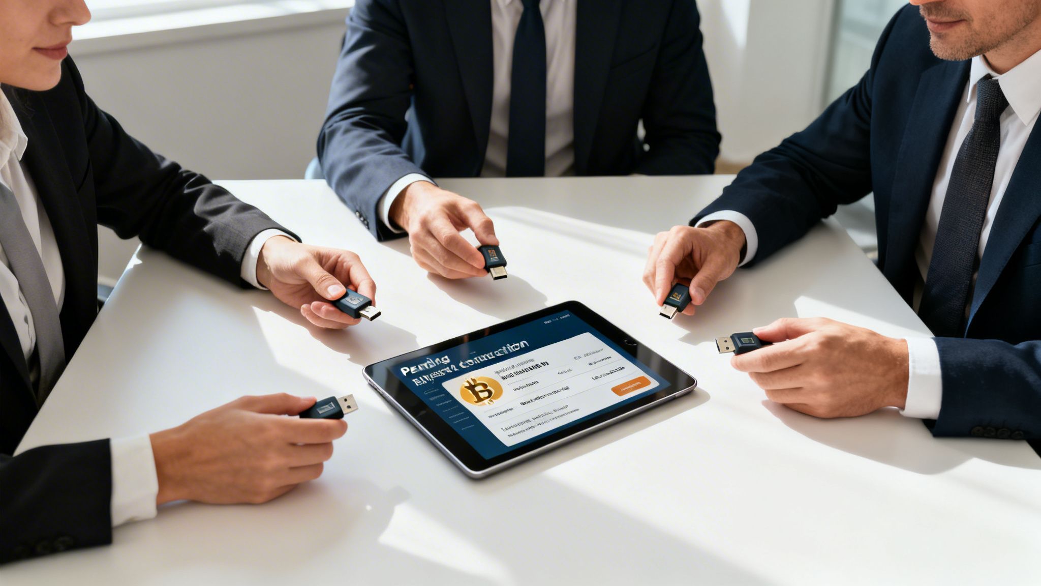 Three business people in suits holding USB drives, looking at a tablet with a Bitcoin cryptocurrency screen.
