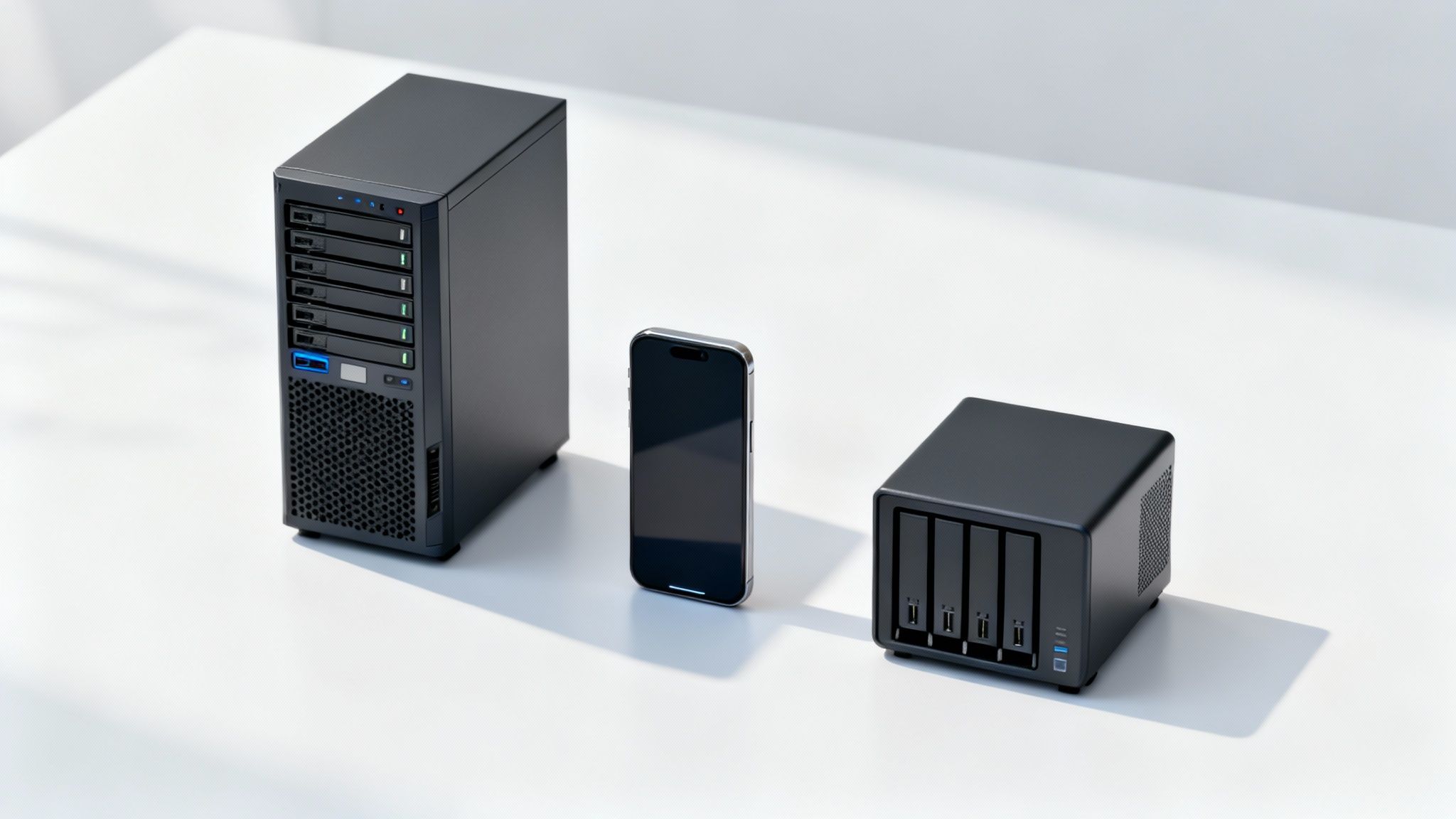 Three black computing devices: a desktop server, a smartphone, and a NAS, on a white table.