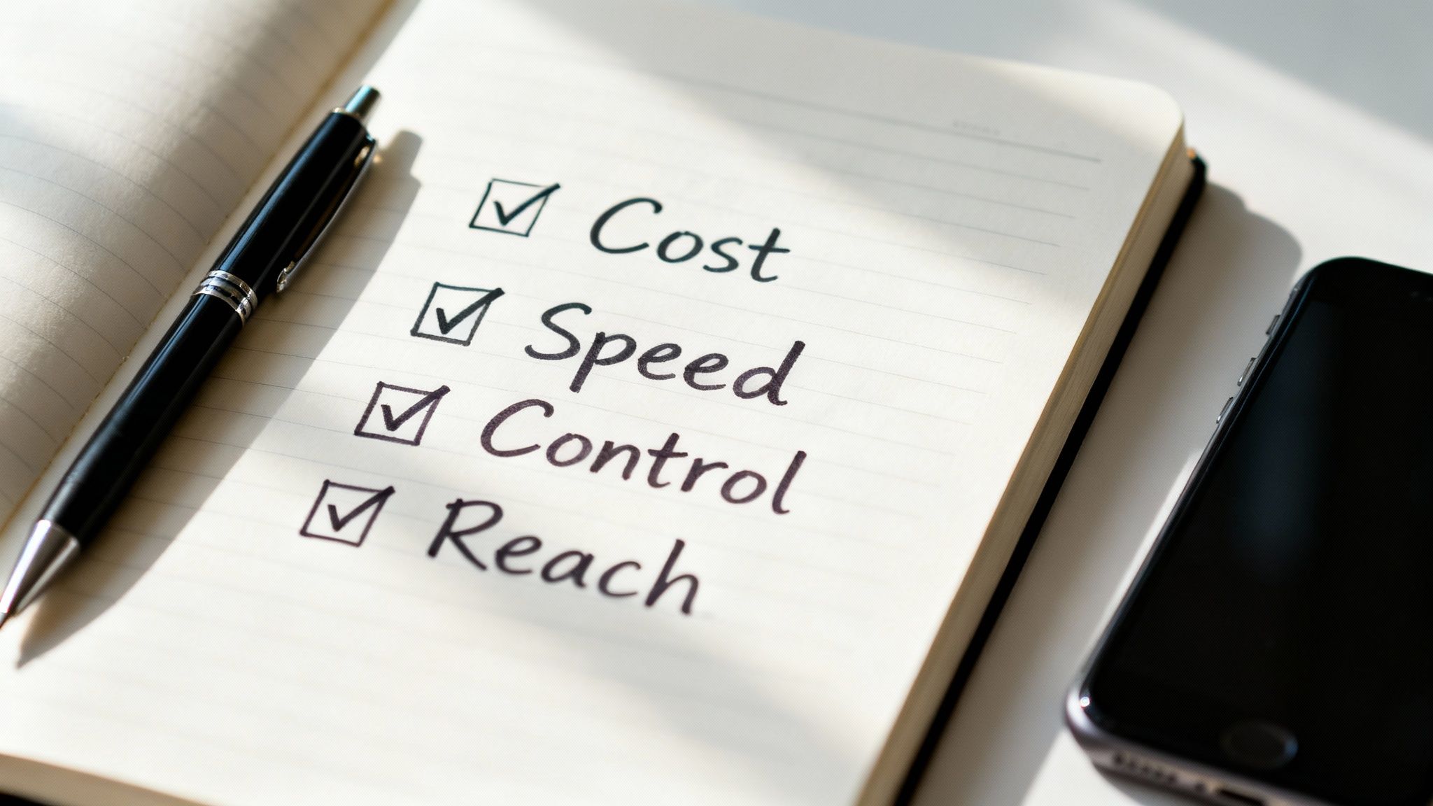 A notebook shows a checked list of 'Cost', 'Speed', 'Control', 'Reach' with a pen and phone.