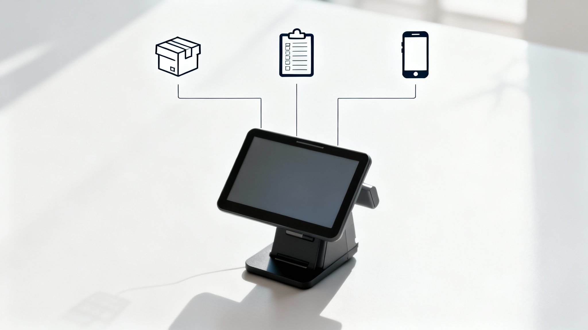 A POS terminal screen showing multiple integrated app logos like delivery and accounting.