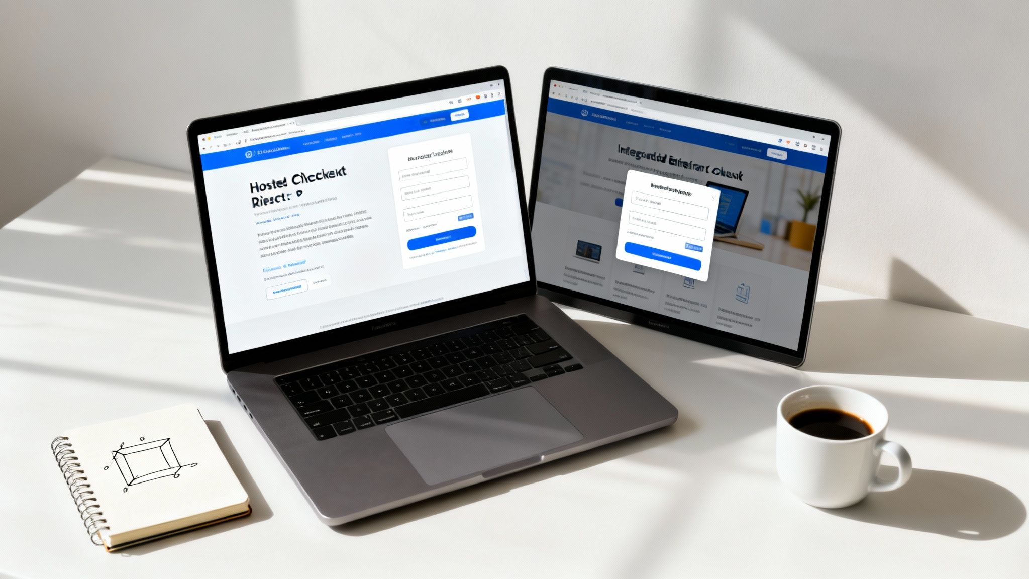 Two laptops displaying web pages, a notebook, and a coffee cup on a bright desk.