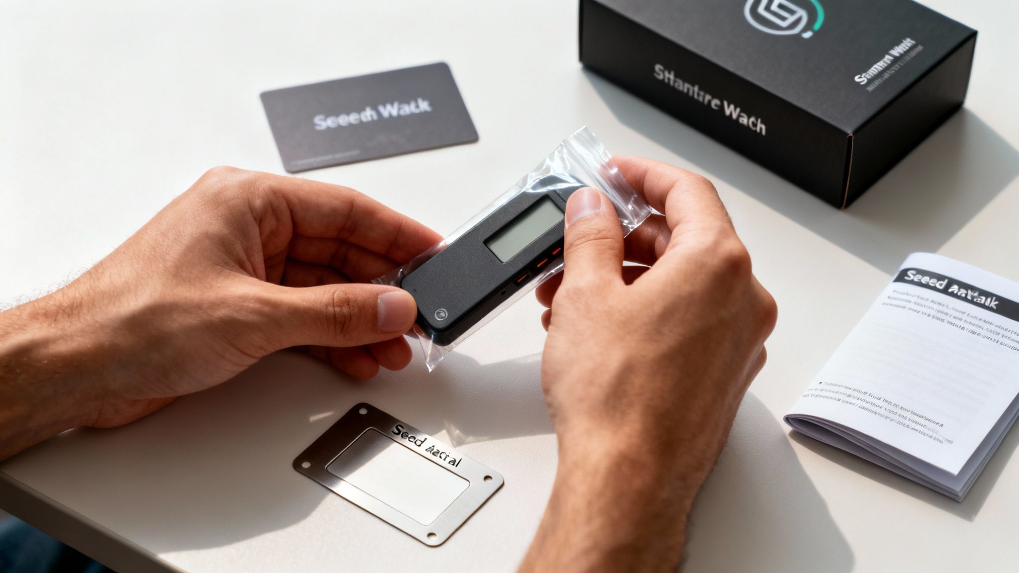 A person's hands unboxing a new black hardware crypto wallet from its plastic packaging.