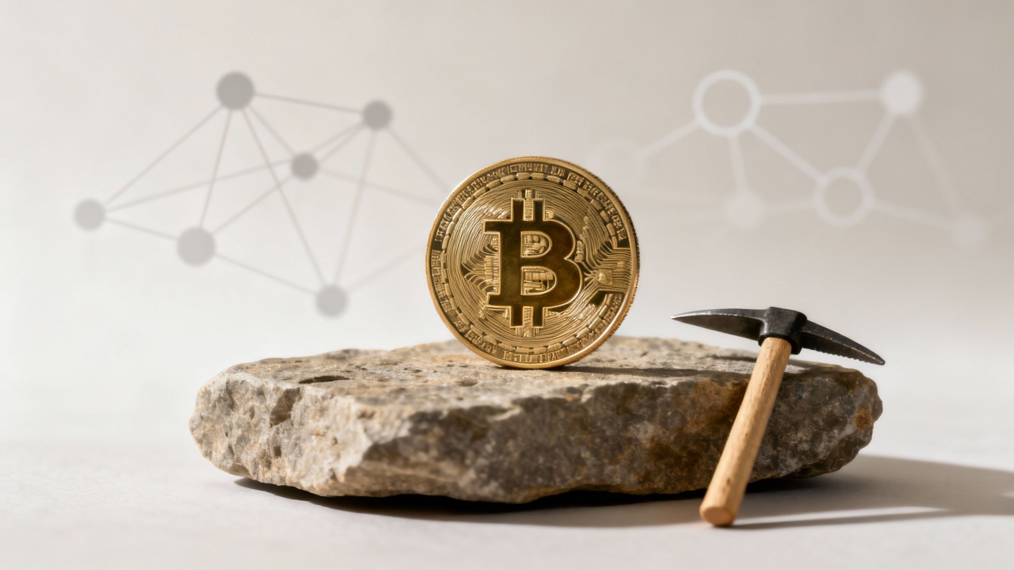 A glowing Bitcoin symbol set against a backdrop of digital blockchain nodes.