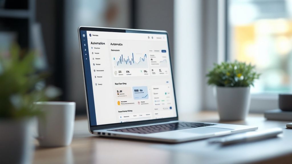 A person managing multiple business tasks from a central dashboard, illustrating the concept of automation.