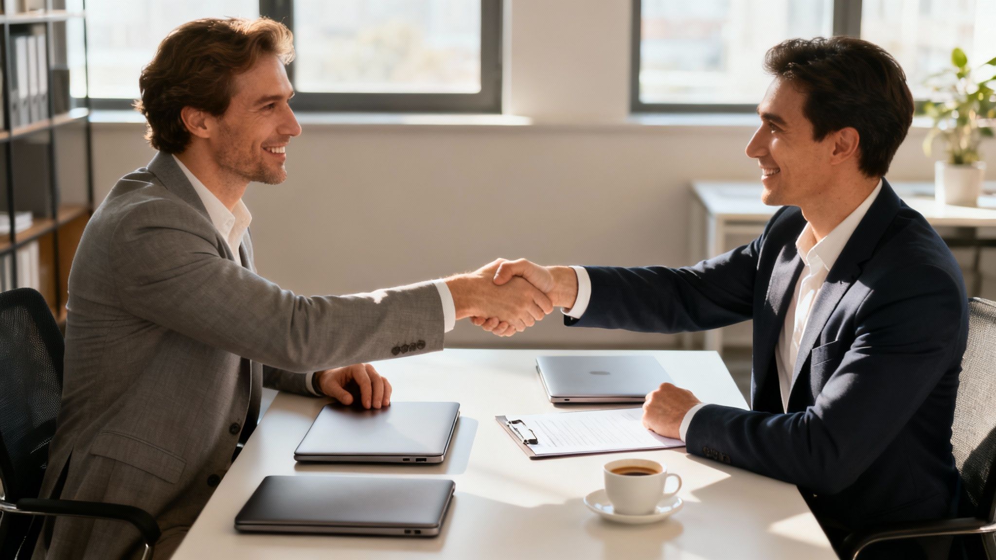Two professionals shaking hands in a modern office, symbolizing a successful business partnership.