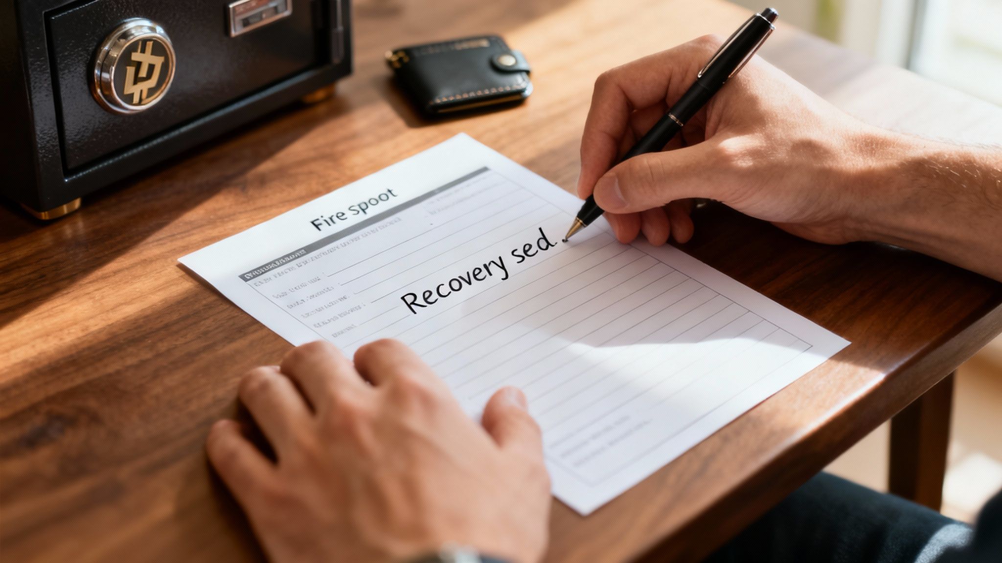 A person writes 'Recovery sed.' on a paper next to a crypto safe and black wallet.