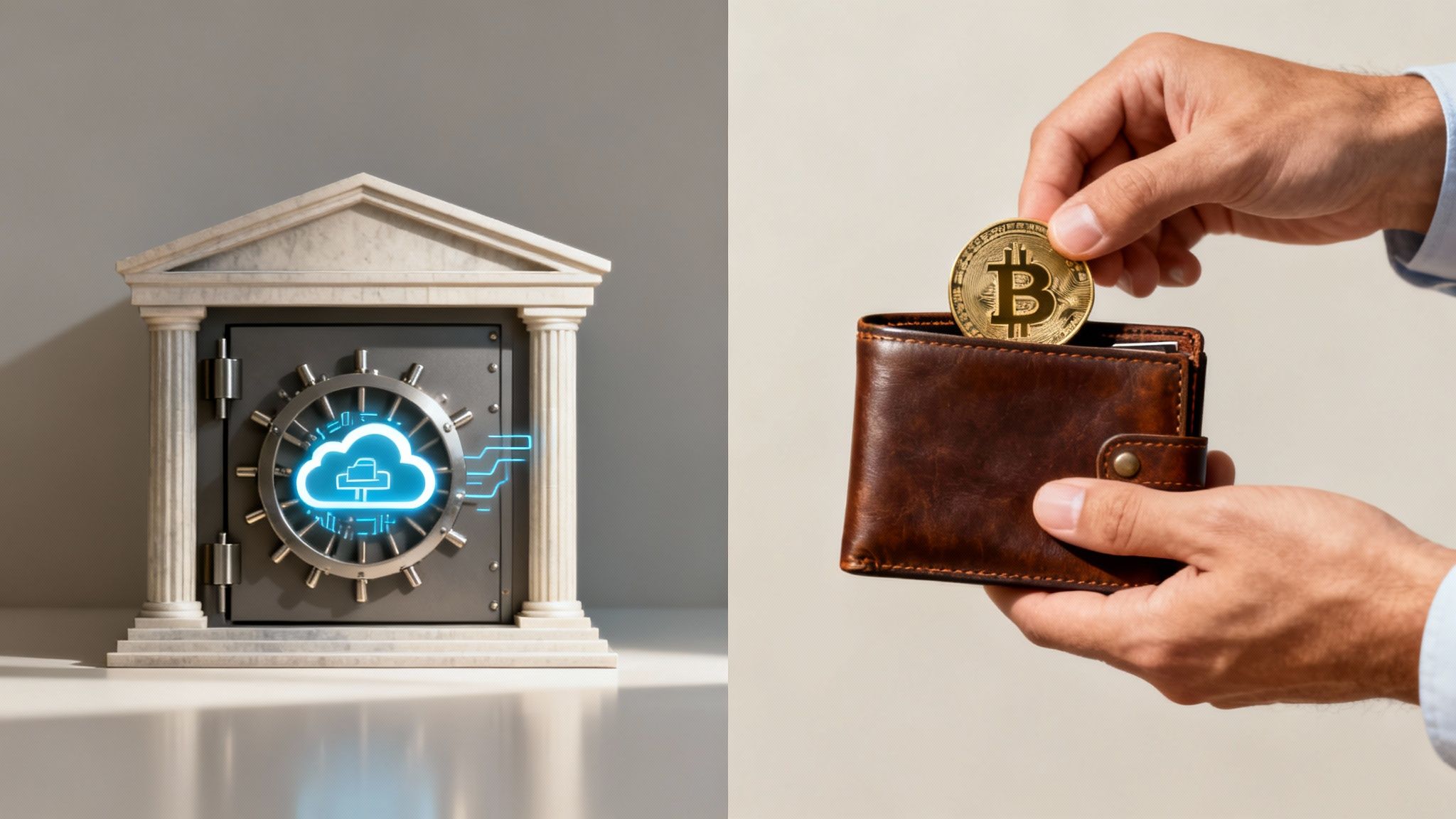 Digital cloud vault for cryptocurrencies contrasted with hands putting Bitcoin into a physical wallet.