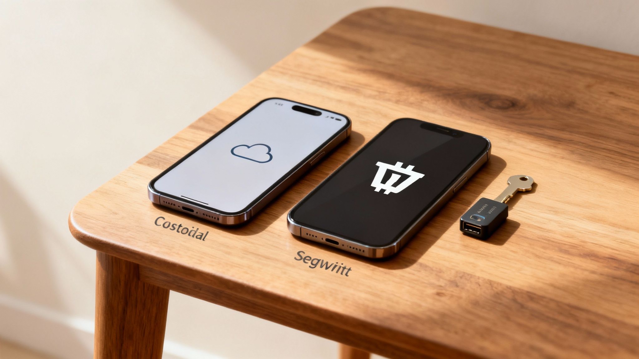 Two smartphones on a wooden table, one showing a cloud icon and the other a Bitcoin symbol with a hardware key.