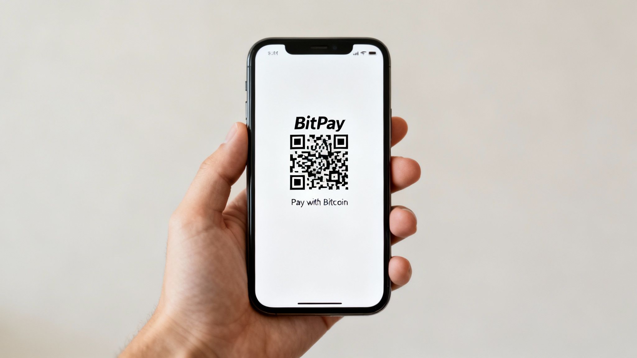 A hand holds a smartphone displaying a BitPay QR code for payment with Bitcoin.