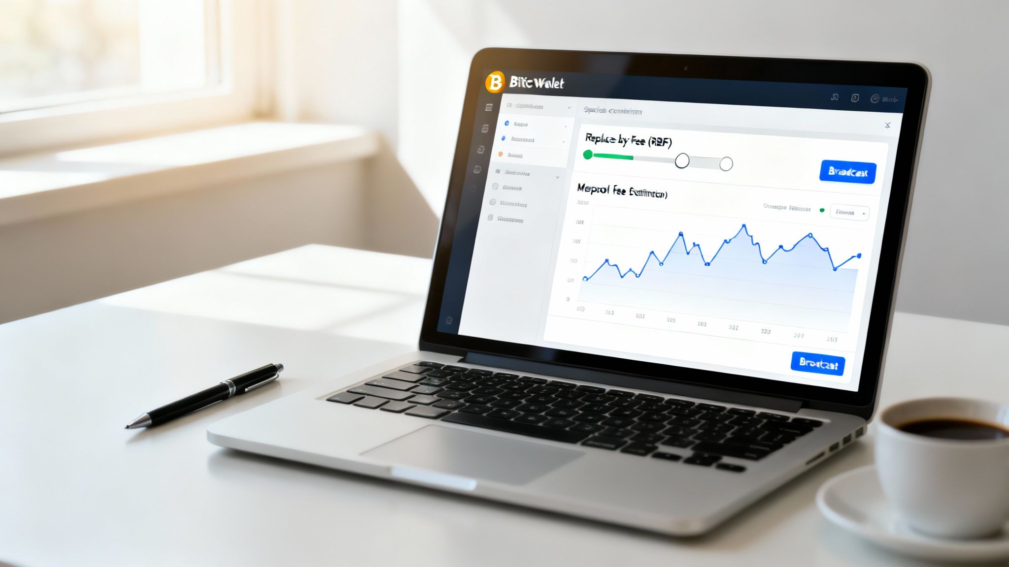 A laptop on a white desk displaying a Bitcoin wallet app with a fee estimator graph, next to a pen and coffee cup.