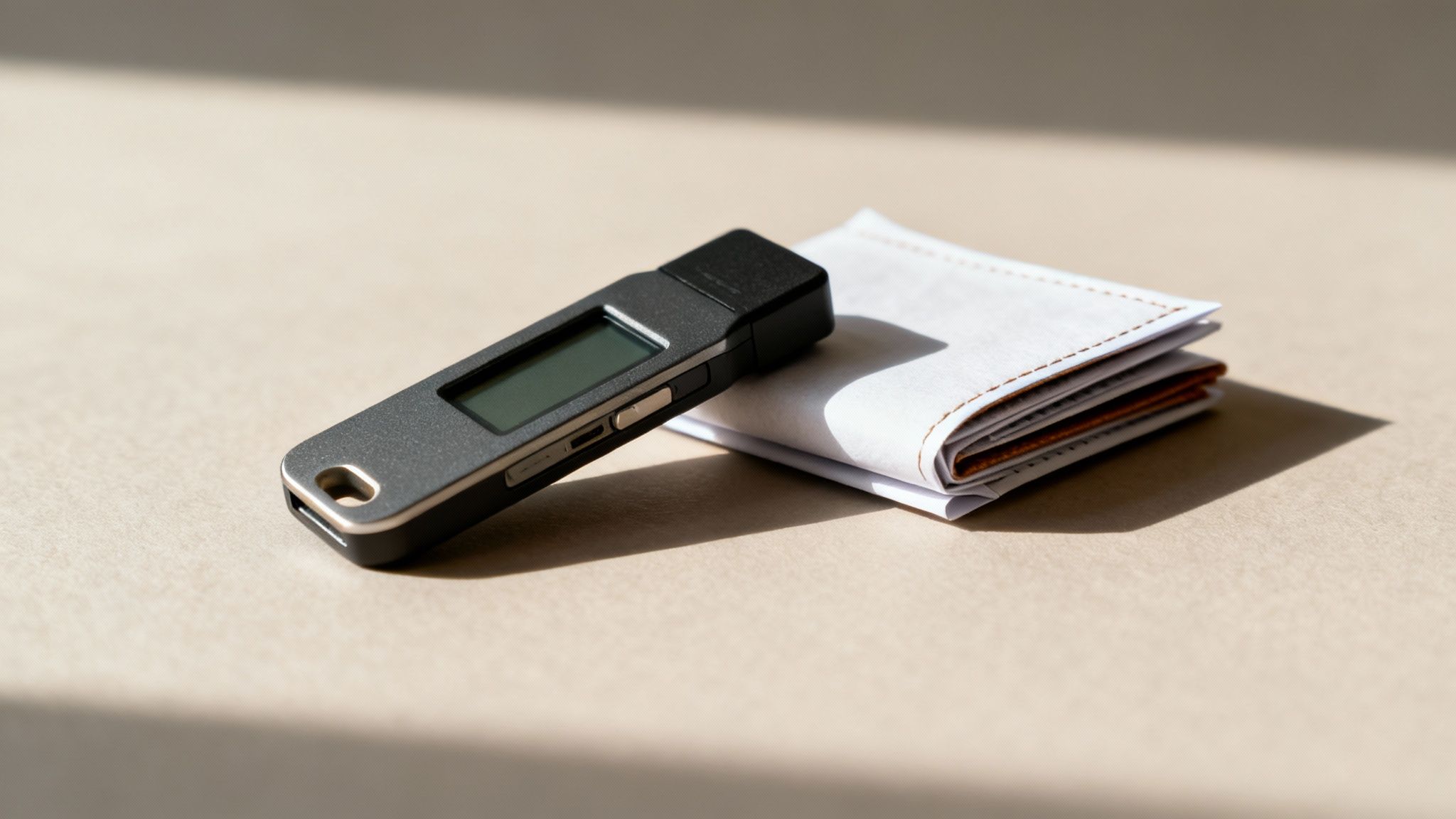 A person holding a secure hardware wallet device.