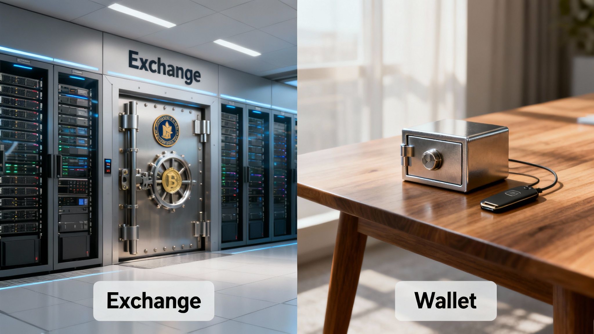 Two images contrasting a crypto exchange server room vault with a personal hardware crypto wallet.