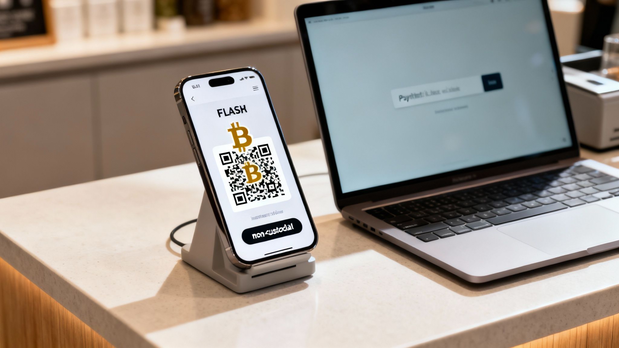 Smartphone displaying a Bitcoin QR code payment screen next to a laptop on a modern counter.