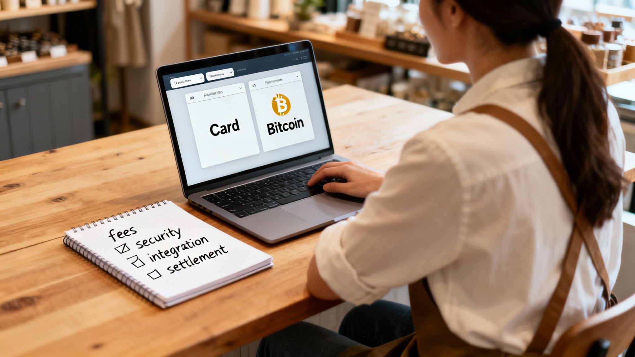 A person compares card and Bitcoin payment options on a laptop, with a checklist of business considerations.